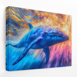 a painting of a blue whale swimming in the ocean