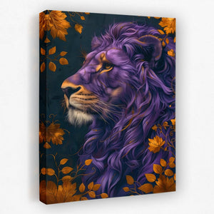 a painting of a lion surrounded by leaves