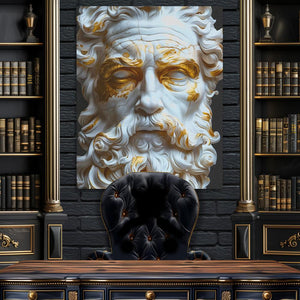 a statue of a man with a beard sitting in front of a desk