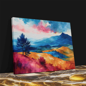 a painting of a landscape with mountains and trees