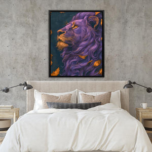 a bed with a white comforter and a painting of a lion on the wall