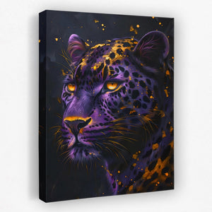 a painting of a purple leopard with yellow eyes