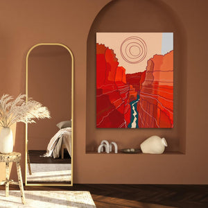 a room with a mirror and a painting on the wall