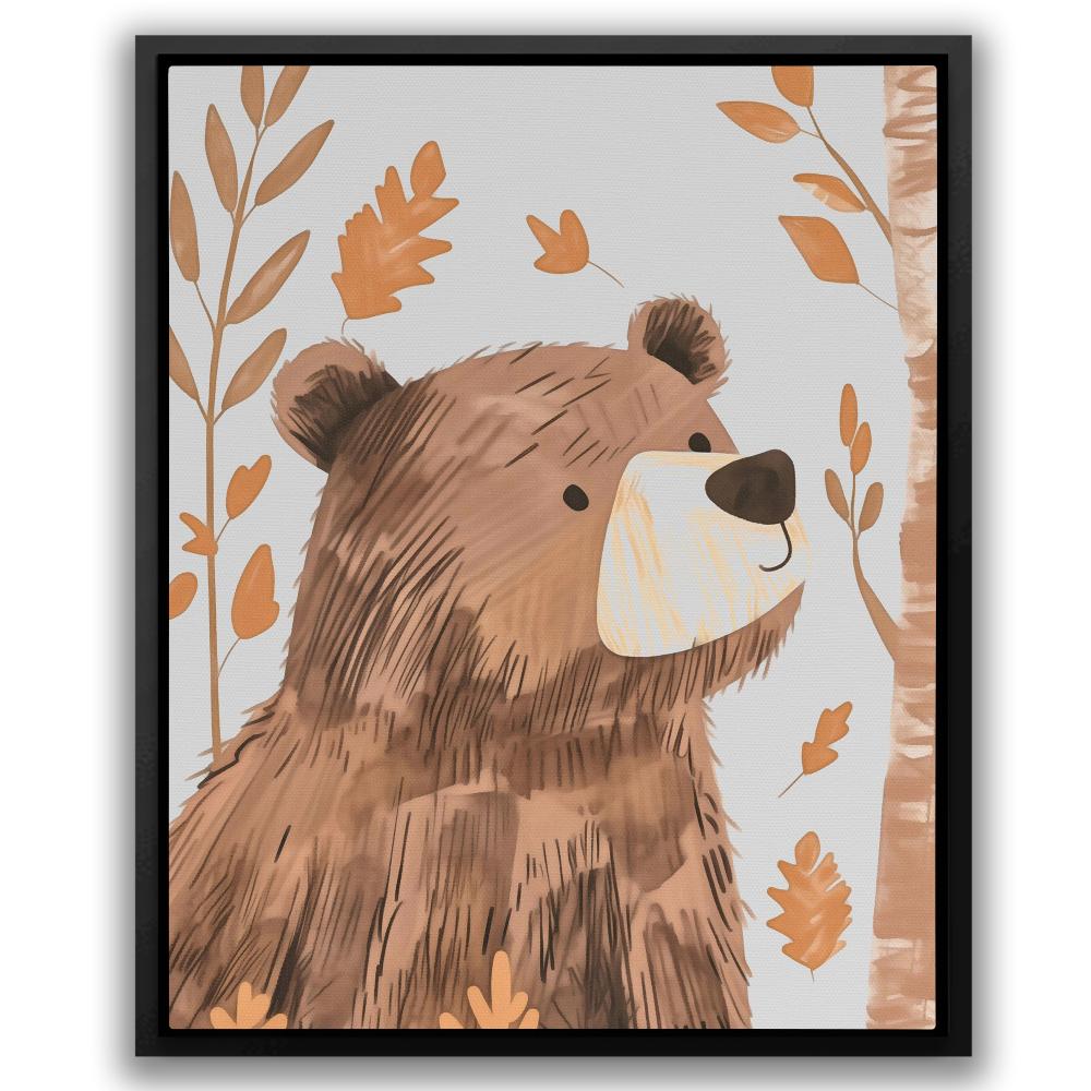 a painting of a brown bear surrounded by leaves