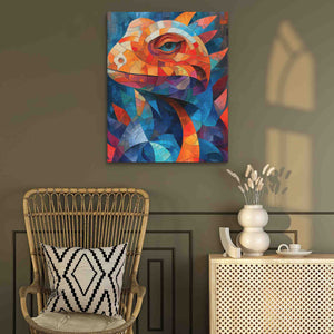 a painting of a fish on a wall next to a chair