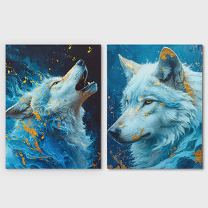 two paintings of two white wolfs in blue water