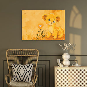 a painting of a baby lion sitting on a wall next to a chair