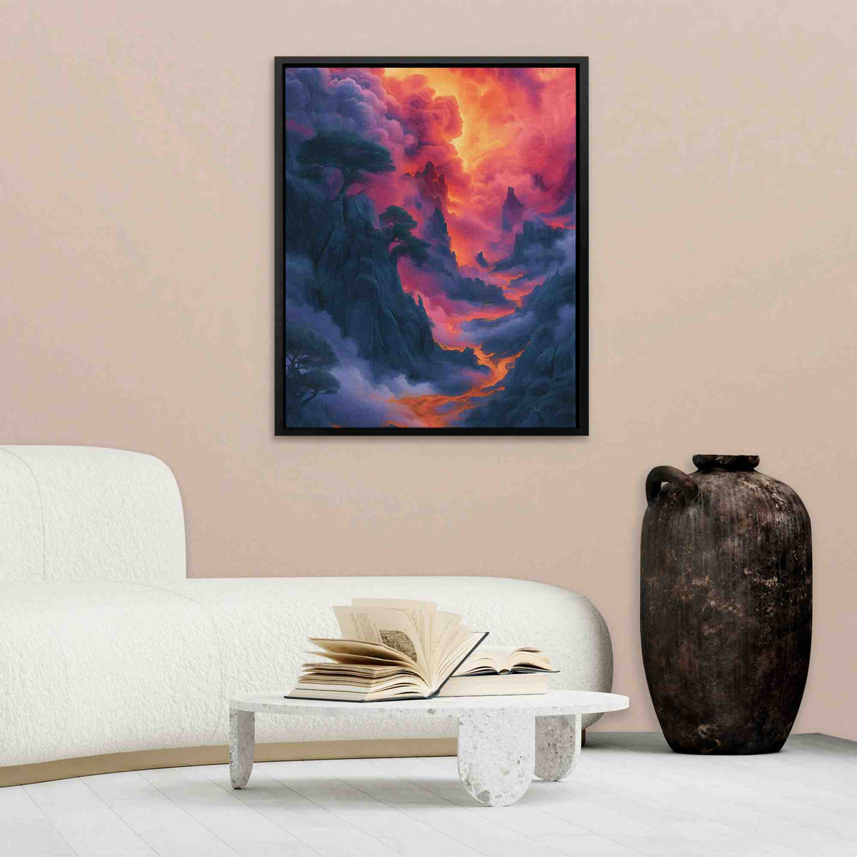 a living room with a white couch and a painting on the wall