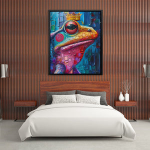 a painting of a frog on a wall above a bed