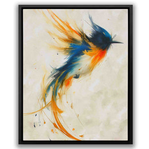 a painting of a bird with orange and blue feathers