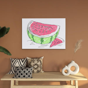 a painting of a watermelon on a wall above a table