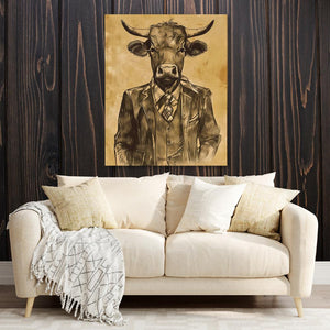 a living room with a couch and a cow painting on the wall