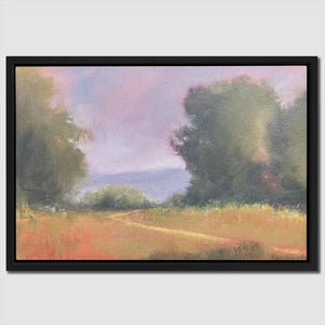 a painting of a field with trees in the background