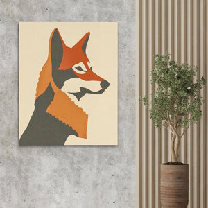 a painting of a fox on a wall next to a potted plant