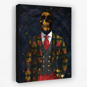 a painting of a skeleton wearing a suit and tie