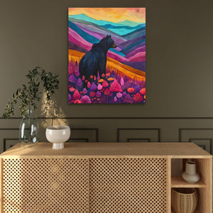 a painting of a dog in a field of flowers