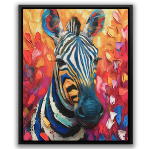 a painting of a zebra in a field of flowers