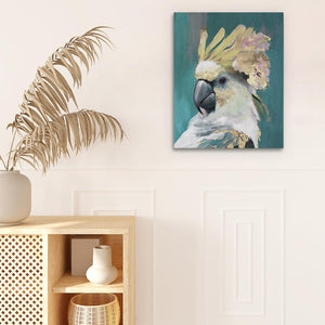 a painting of a parrot on a wall next to a potted plant