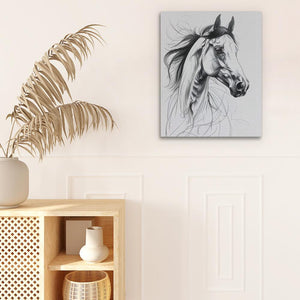 a painting of a horse on a wall next to a potted plant