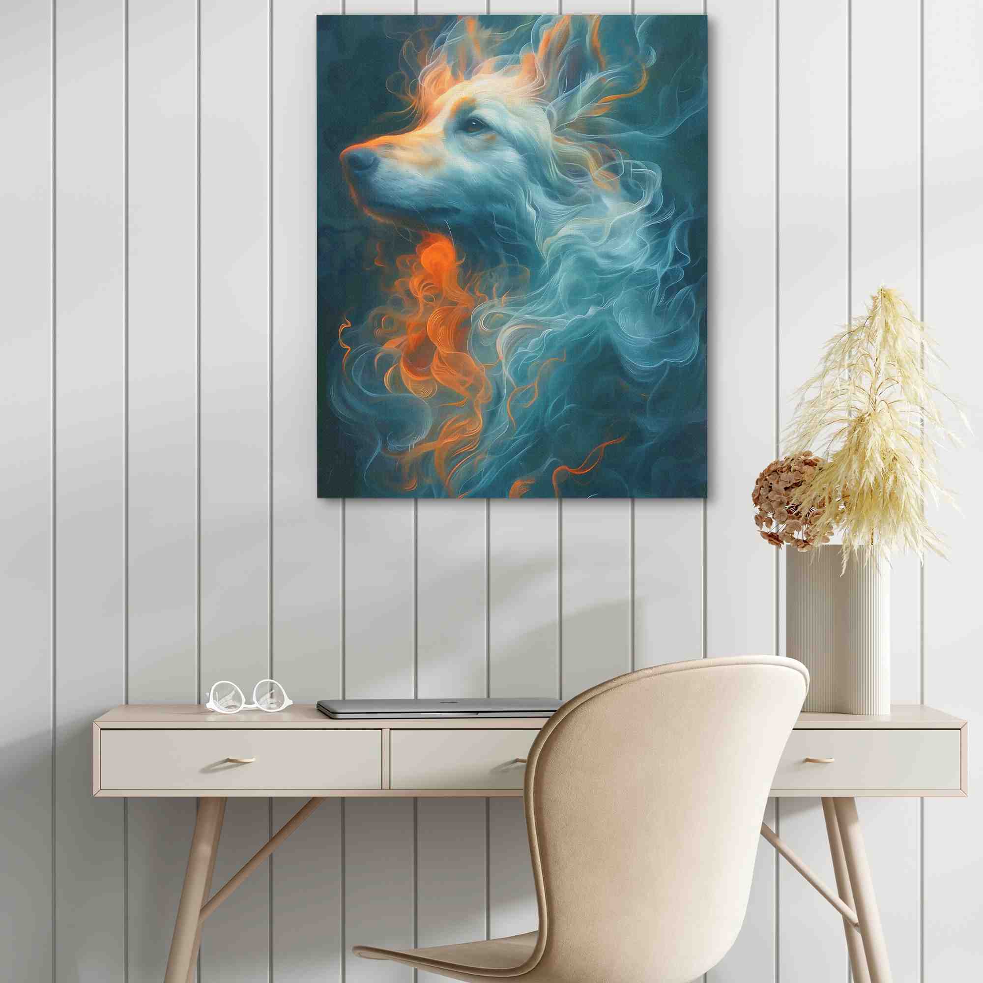 a painting of a white dog with orange and blue swirls