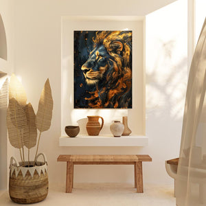 a picture of a lion on a wall above a bench