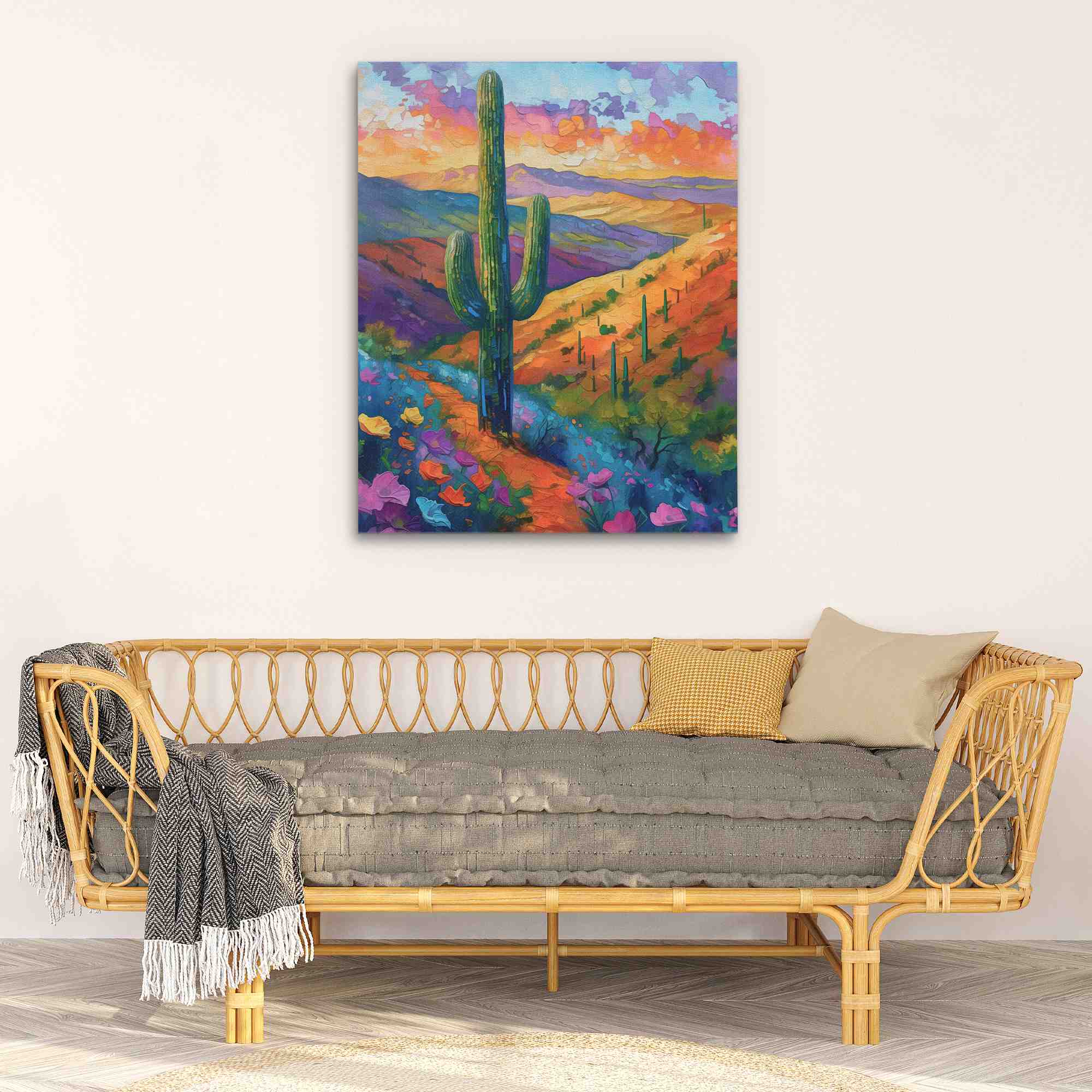 a painting of a cactus in the desert