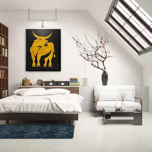 a bedroom with a bed and a painting on the wall