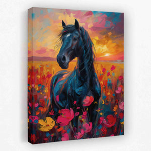 a painting of a horse in a field of flowers