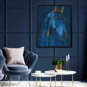 a blue horse painting in a living room