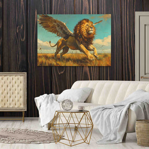 a living room with a couch and a painting of a lion