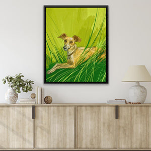 a painting of a dog laying in the grass