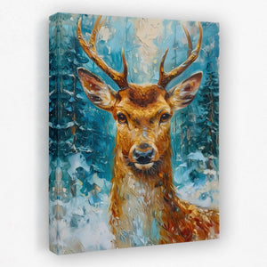 a painting of a deer in the snow