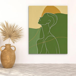 a painting of a woman's profile on a green and yellow background