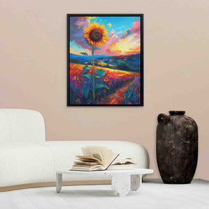 a painting of a sunflower in a living room