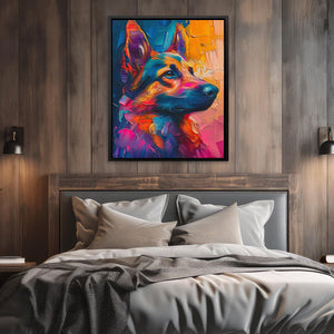 a painting of a dog on a wall above a bed