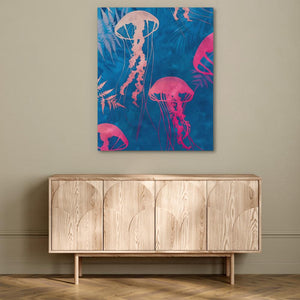 a painting of jellyfish on a blue background