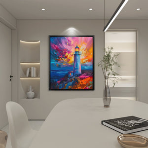 a painting of a lighthouse on a wall above a table