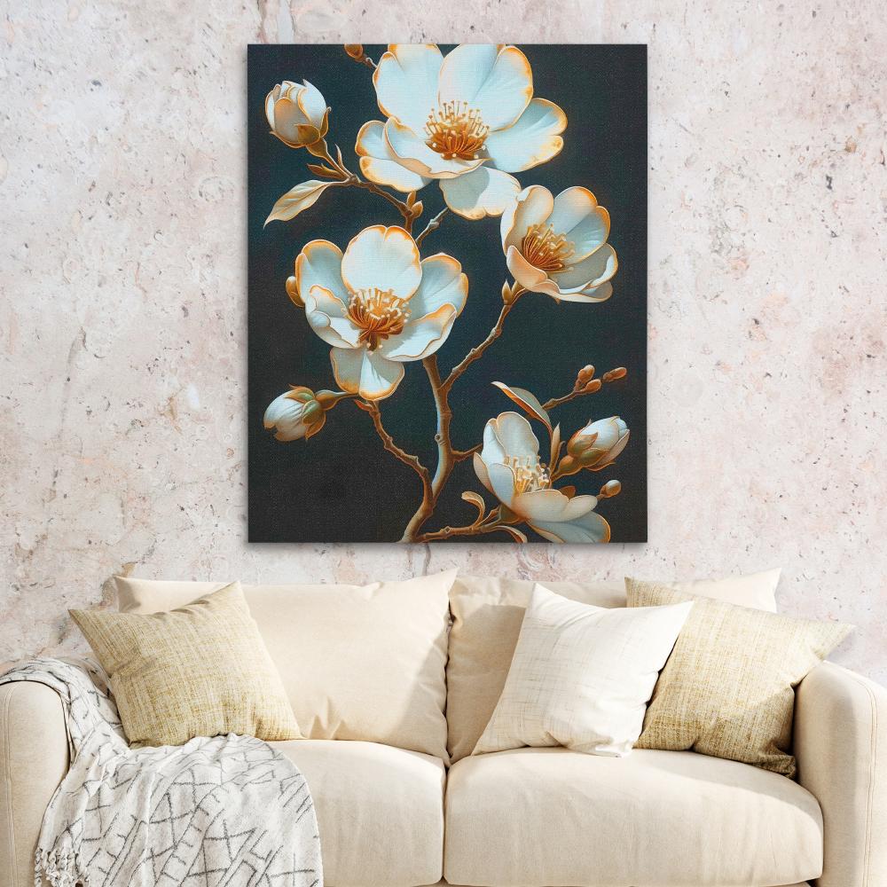 a painting of white flowers on a black background