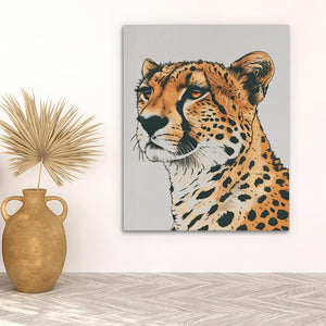 a painting of a cheetah on a wall next to a potted plant