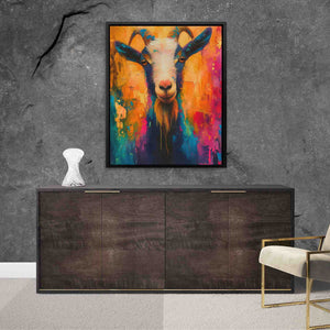 a painting of a goat on a wall next to a chair