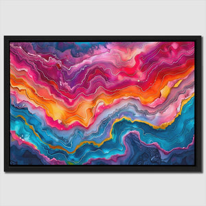 a painting of a colorful wave with a black frame