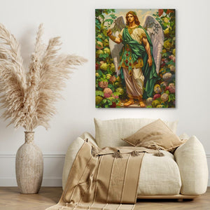 a painting of an angel surrounded by flowers