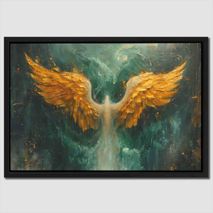 a painting of an angel with yellow wings