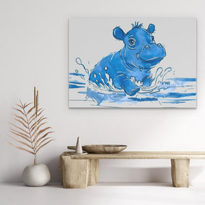 a painting of a blue hippo in the water