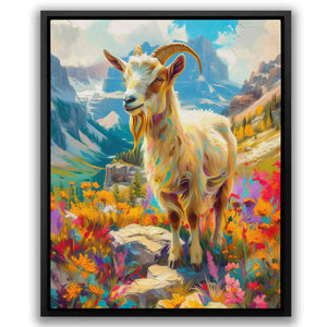a painting of a goat in a field of flowers
