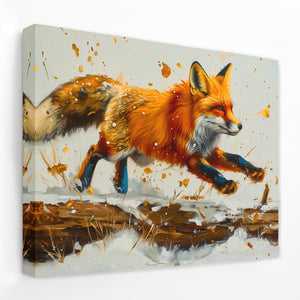 a painting of a fox running across a field