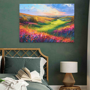 a painting on a wall above a bed