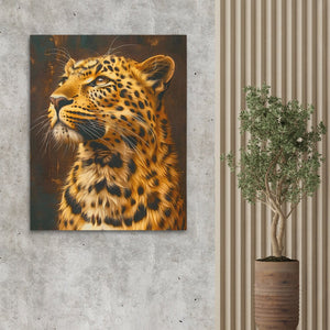 a painting of a leopard on a wall next to a potted plant