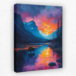 a painting of a mountain lake at sunset