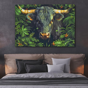 a picture of a bull in the jungle on a wall above a bed